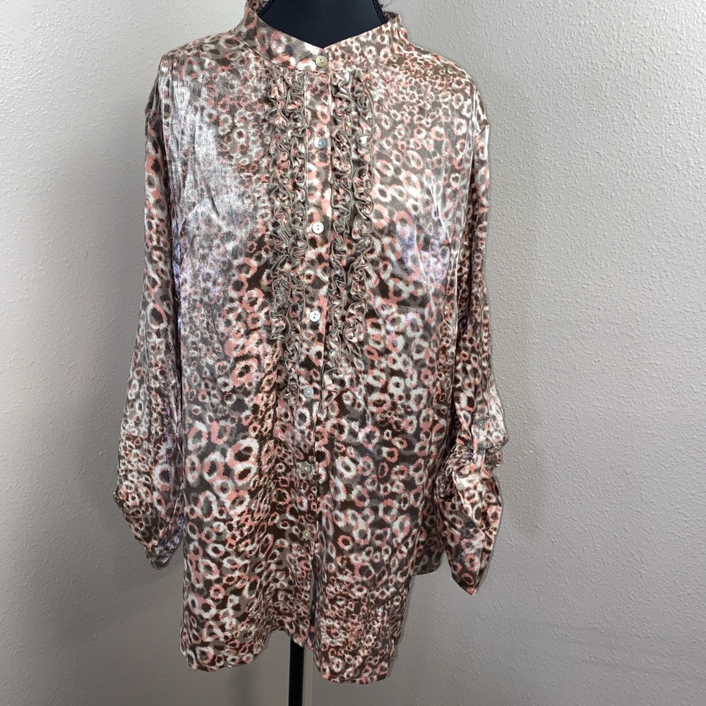 Ruby Rd Blouse Women's 18W Pink & Brown Shimmer Animal Print Button Roll Tab‎